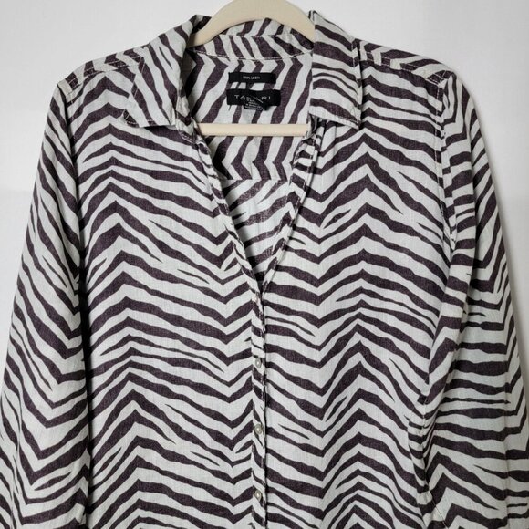 Tahari Linen Zebra Animal Print Beachy Long Sleeve Roll Tab Button Up Shirt L - Picture 3 of 10